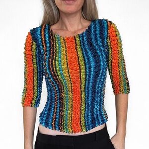 Younique Crinkle Plisse Top Women OS Y2K Popcorn Artsy Striped Colorful Textured
